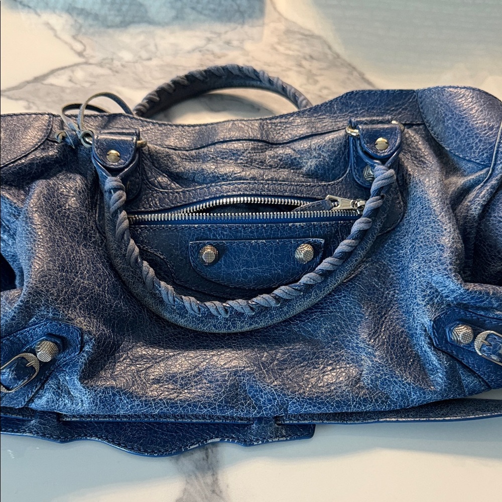 Balenciaga Distressed Blue Leather Shoulder Bag